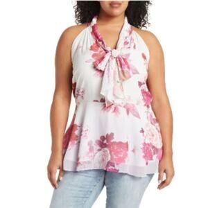 City Chic Tsubaki Halter Top White Pink Floral Tie Peplum Sleeveless Sz XS /14